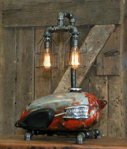 01 "Steampunk Industrial, Antique Triumph, Authentic Motorcycle Tank Lamp