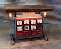 01 "Steampunk Industrial, Antique Sun Engine Analyzer Barn Wood Table"