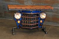 01 "Steampunk Industrial, Original 50's Jeep Willys Grille, Blue, Table"