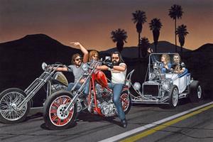 "Bikers Towing Hotrod" Artwork by David Mann